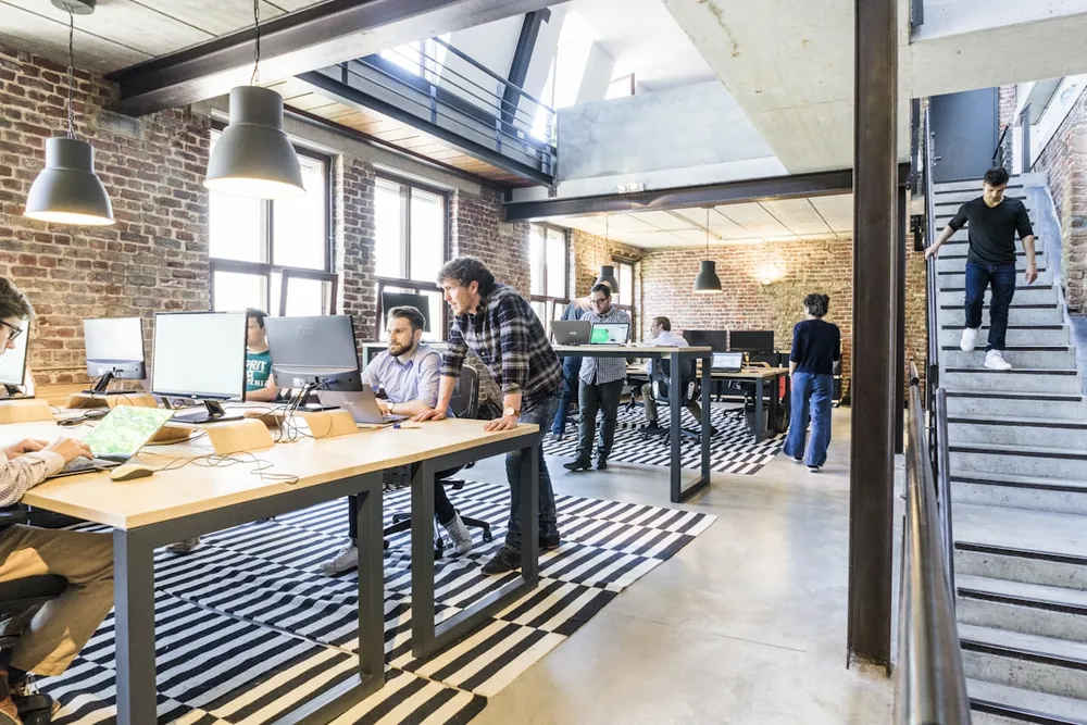 People working together in a bright, open office